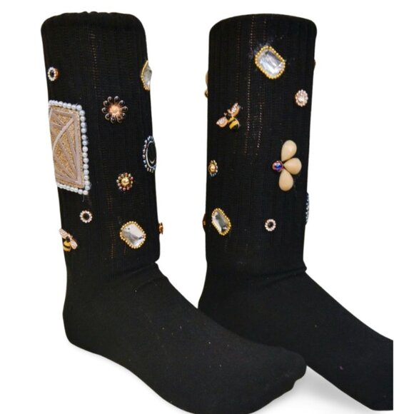 Golden Diamond Embroidered Crystal Charm Black Junk Slouch Socks  TT1516 - Picture 2 of 7